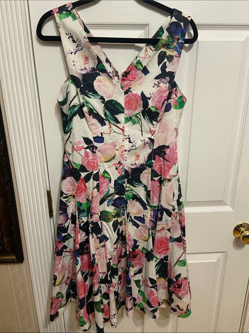 Betsey Johnson White Floral Midi Dress with Pink and Green Accents